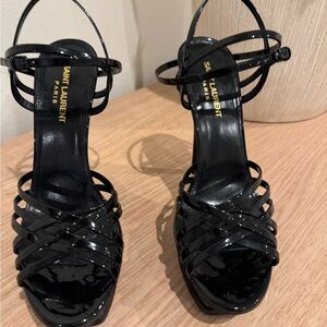 Saint Laurent Black Patent Strappy Platform Heels